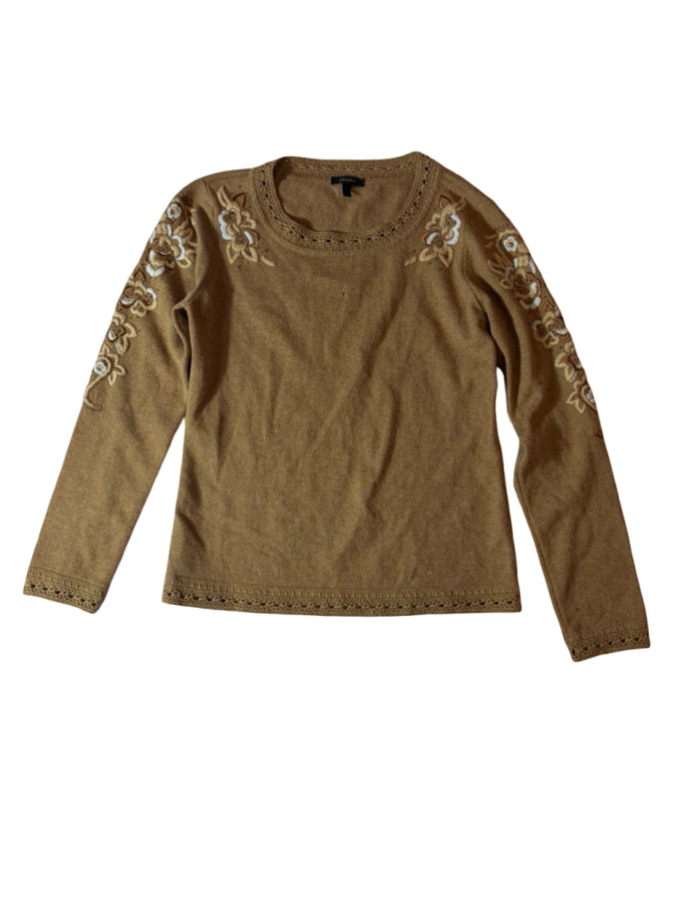Escada 36 Wool Cashmere Silk Floral Embroidered Sweater Tan Crochet Trim flaw